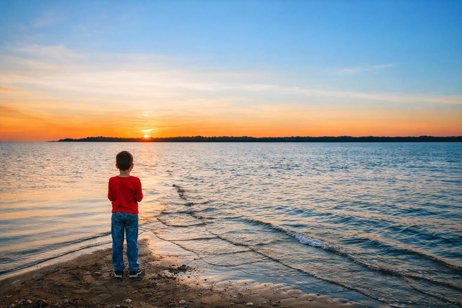 Boy watching the sunset by the sea
