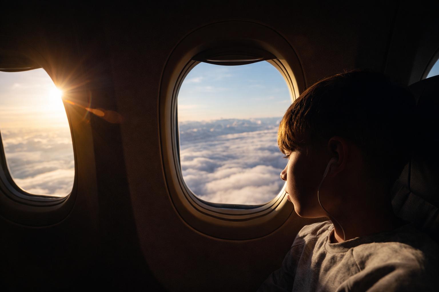 Child looking out of an airplane window