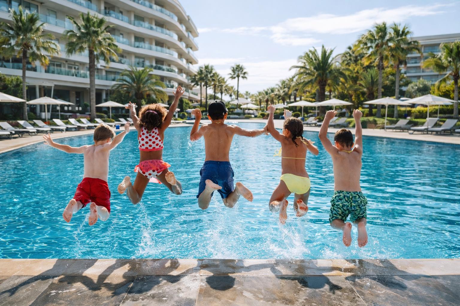 Children jumping into a hotel pool