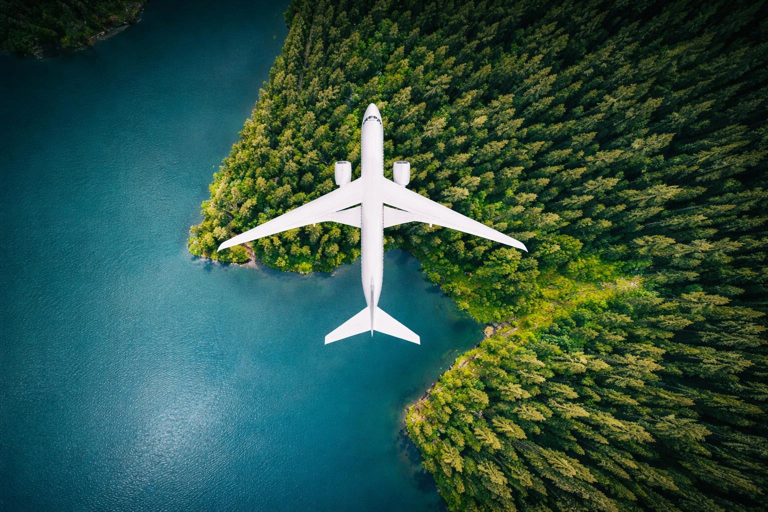 Airplane flying over a forest and lake
