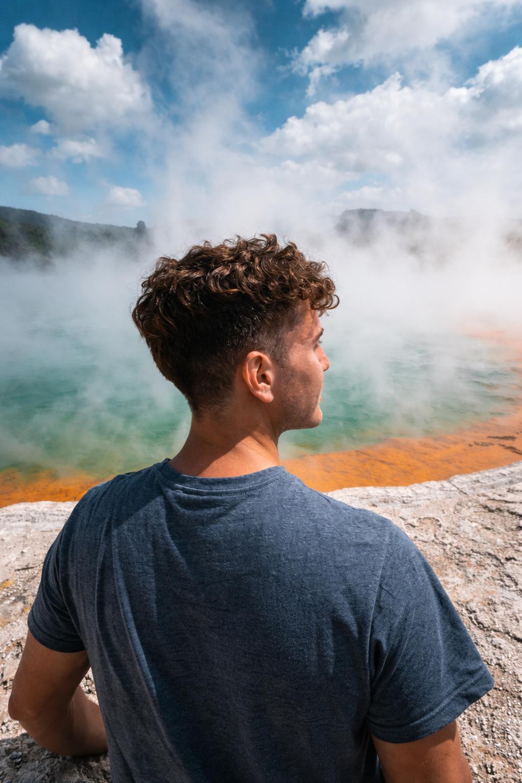 Traveler at a geothermal spring